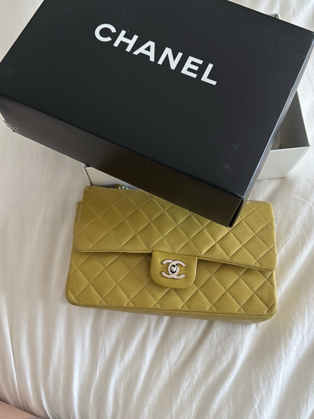 CHANEL Quilted Lambskin Flap Shoulder Bag in Olive chartreuse
